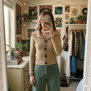 Aeropostale Tan Chunky Knit Shawl Collar Button Front Cardigan Sweater Women's M